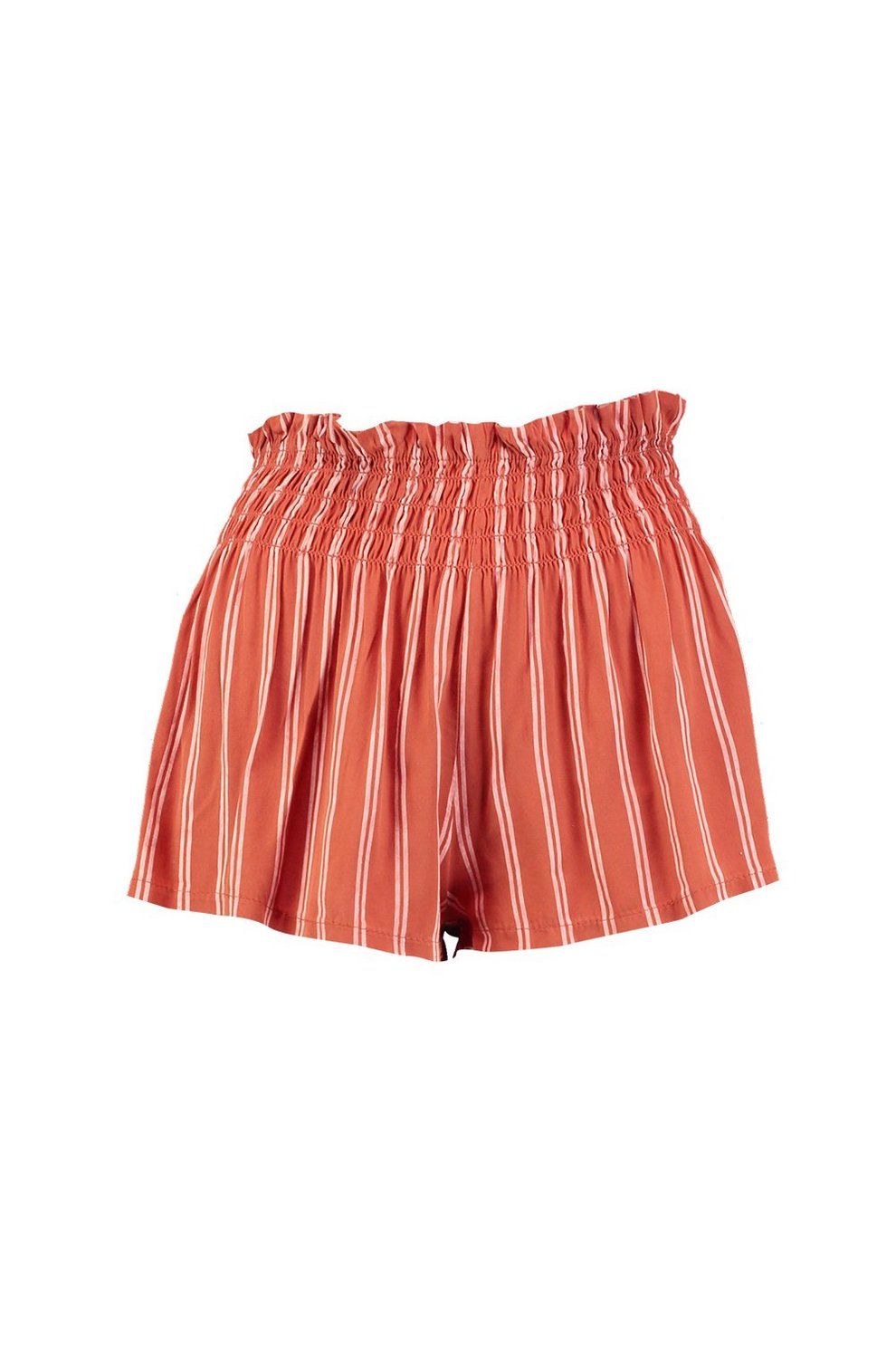 Striped Shirred Frilled Detail Linen Look Shorts | Boohoo.com (US & CA)