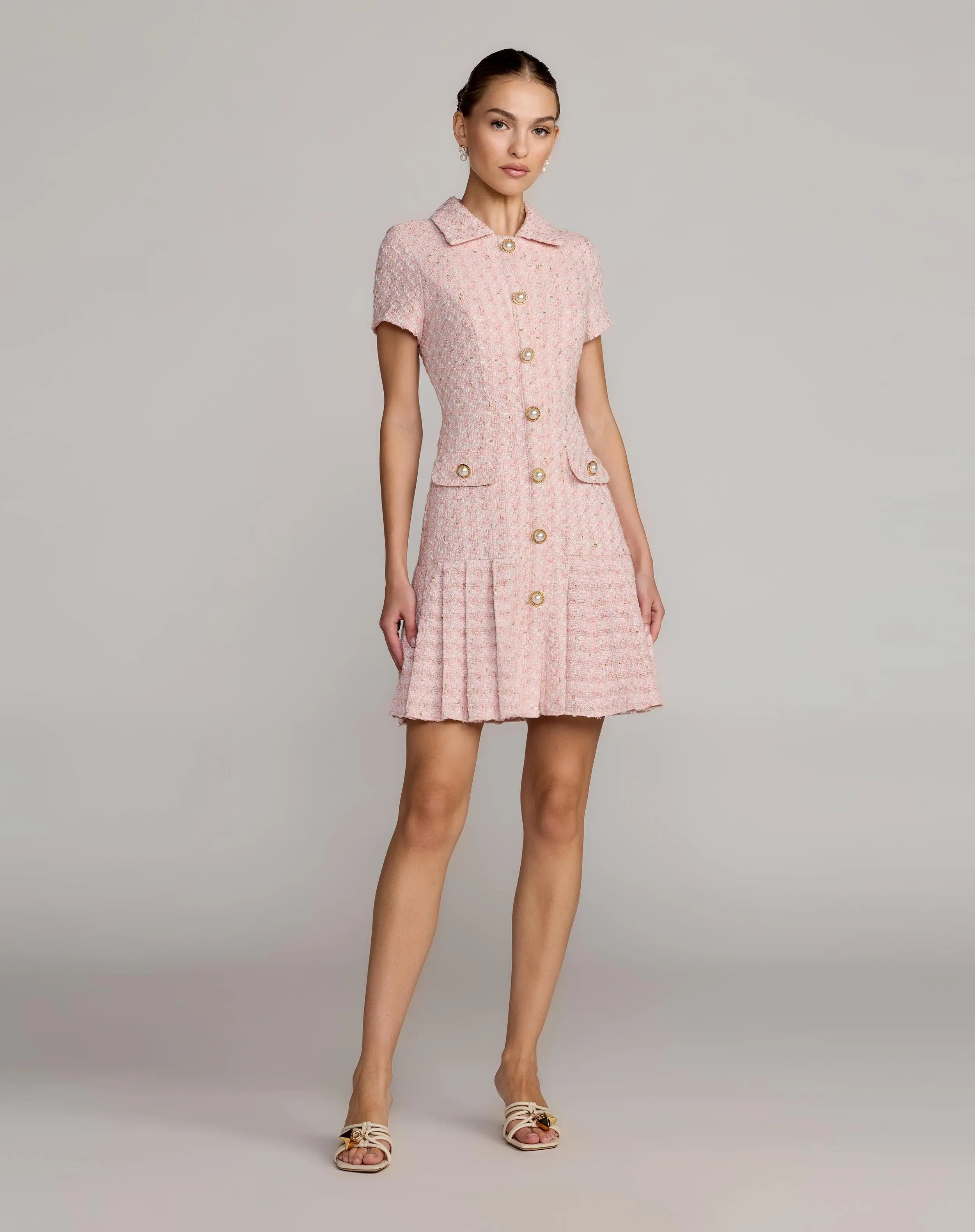 Pink Bouclé Button Front Mini Dress | Mac Duggal | Mac Duggal