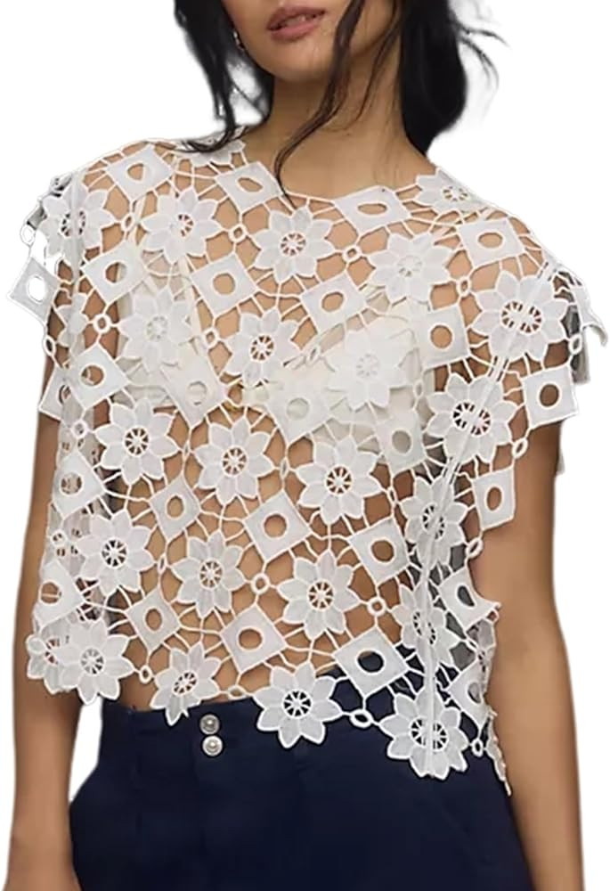 Wyeysyt Women's Hollow Out Floral Lace Vest Sleeveless Crewneck Crochet Cover Up Summer Cropped G... | Amazon (US)