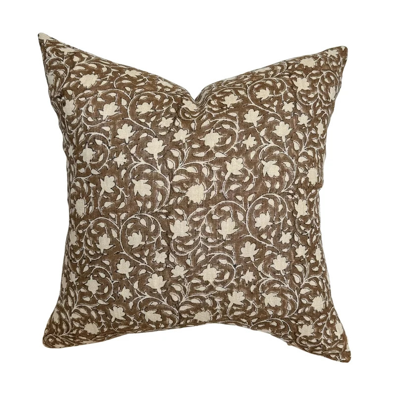 Murphy | Deep Brown Floral Handblock Pillow Cover | Linen and James
