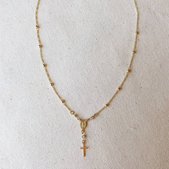 18k Gold Filled Rosary Ball Chain and Small Plain Cross Conf | Care Tucker