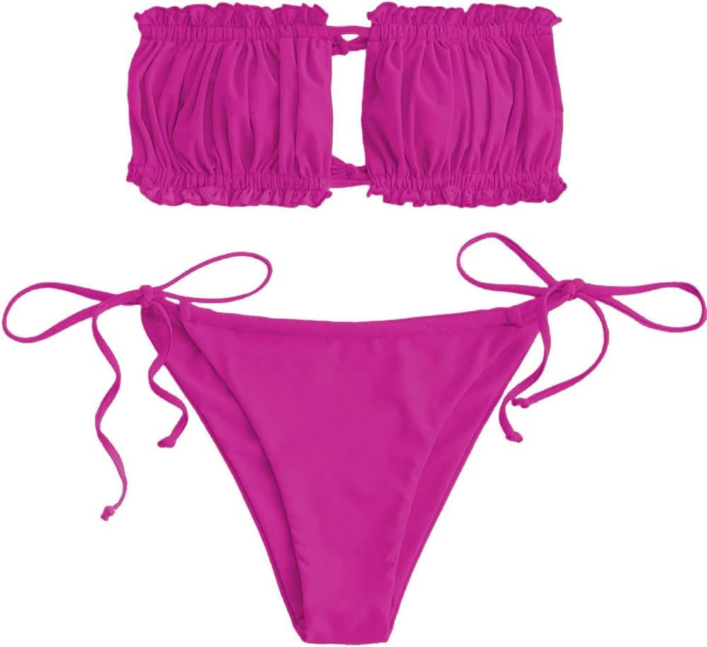 ZAFUL Women 2 Piece Strapless Bikini Swimsuits Ruffle Ribbed Bandeau Bikini Set High Cut Bathing ... | Amazon (US)