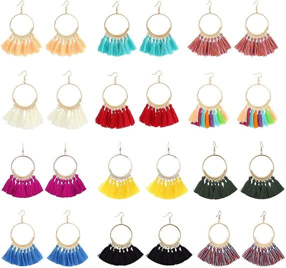 LANTAI 9-12 Pairs Colorful Bohemian Hoop Tassel Earrings Boho Earrings-Fashion Flower V Shape Tas... | Amazon (US)