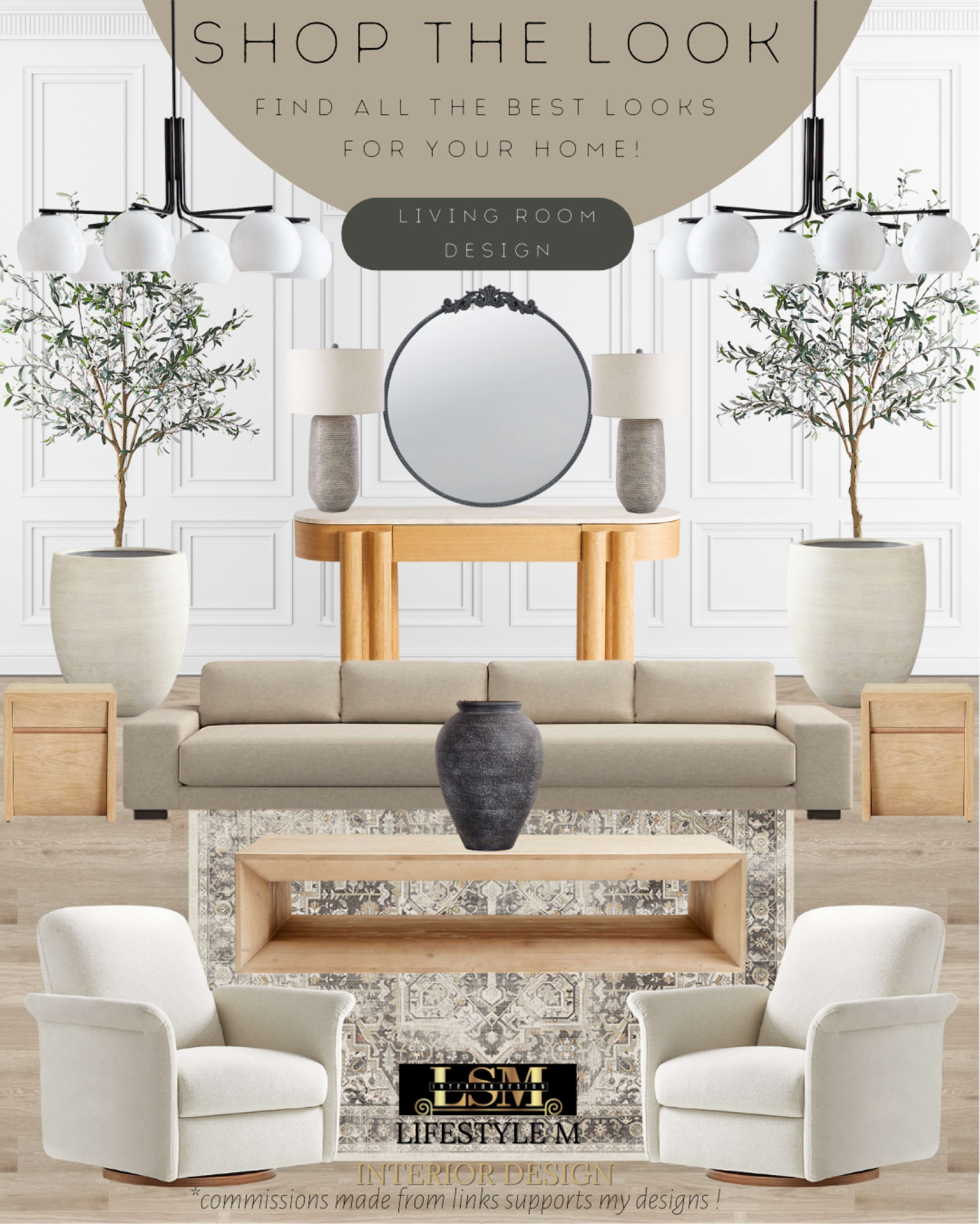 Transitional Living Room Idea. Wood coffee table, wood end table with storage, white swivel chair, vintage grey living room rug, black terracotta vase, wood console table, terracotta tree planter pot, realistic fake tree, modern chandelier, black round mirror, terracotta table lamp, grey sectional sofa.

#LTKstyletip #LTKhome #LTKFind