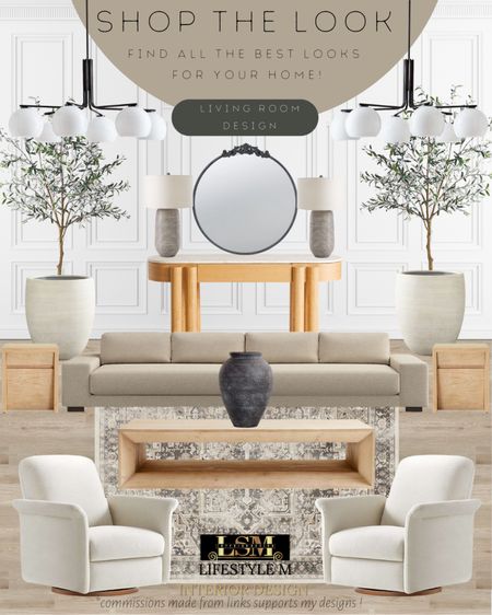 Transitional Living Room Idea. Wood coffee table, wood end table with storage, white swivel chair, vintage grey living room rug, black terracotta vase, wood console table, terracotta tree planter pot, realistic fake tree, modern chandelier, black round mirror, terracotta table lamp, grey sectional sofa.

#LTKstyletip #LTKhome #LTKFind