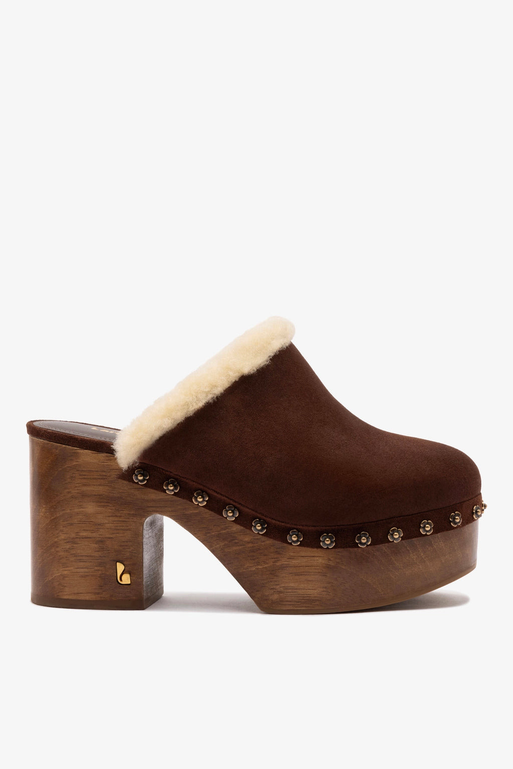Miso Wooden Platform Clog In Brown Suede And Natural Shearling | Larroude