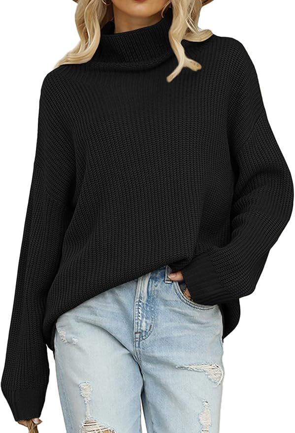 DEEP SELF Women Turtleneck Sweater Casual Batwing Long Sleeve Loose Knit Pullover Sweater Tops | Amazon (US)