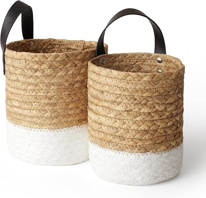 Wall Hanging Small Storage Baskets - Water Hyacinth & Paper Woven Hanging Baskets Set 2, Garden P... | Amazon (US)