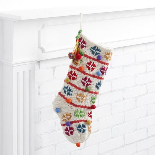 Ivory Multicolor Felted Wool Pom Pom Christmas Stocking | World Market