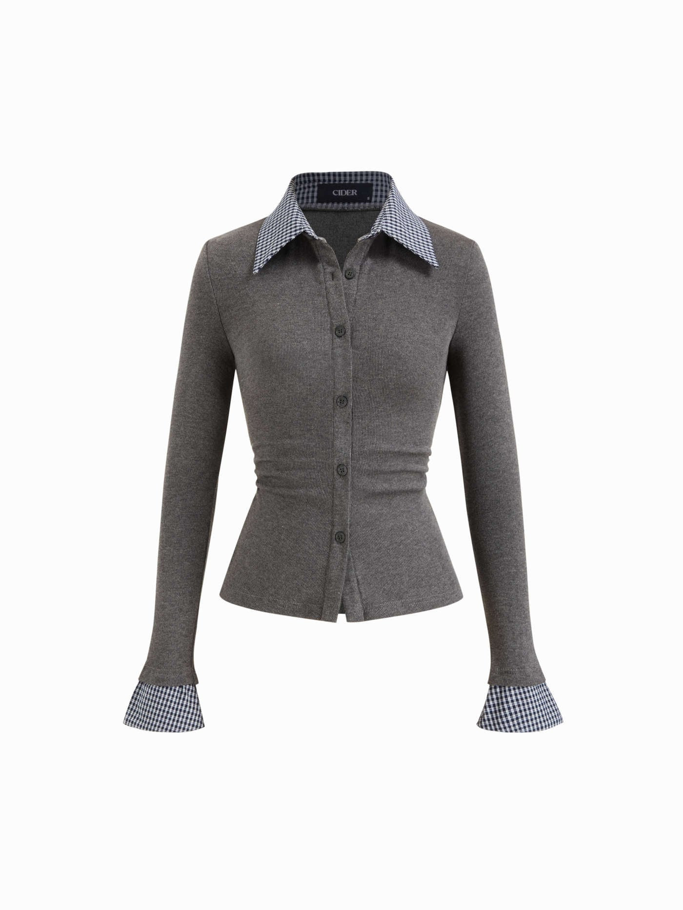 Knit Fabric Cotton Plaid Polo Collar Ruched Two Tone Top For Daily Casual | Cider
