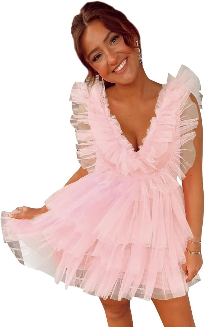 MRECA Layered Puffy Tulle Homecoming Dresses for Teens Ruffle Short V Neck A Line Tutu Mini Prom ... | Amazon (US)