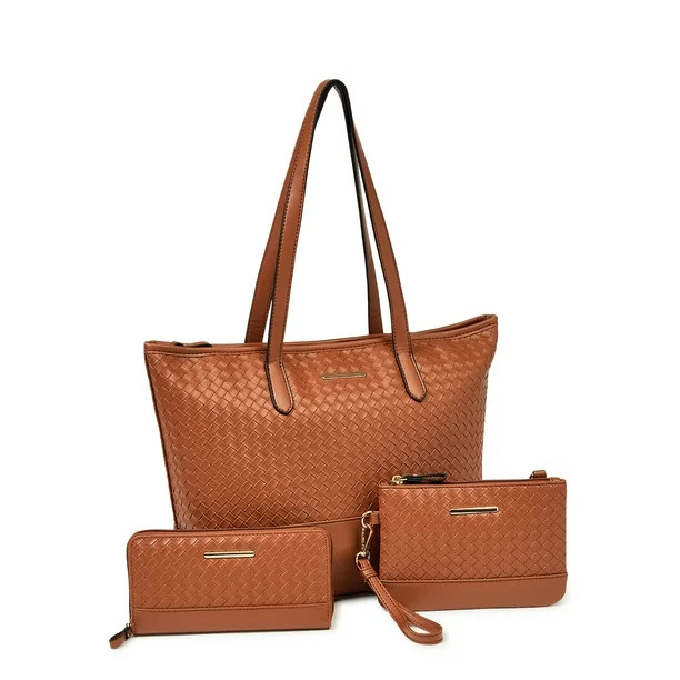 Time and Tru Women's 3 in 1 Tote Bag 3-Piece Set Cognac Woven - Walmart.com | Walmart (US)