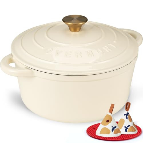 Overmont Enameled Cast Iron Dutch Oven - 4.5QT Pot with Lid Cookbook & Cotton Potholders - Heavy-Duty Cookware for Braising, Stews, Roasting, Sourdough Baking Cream White | Amazon (US)