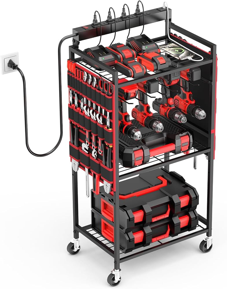 JUNNUJ Garage Large Power Tool Organizer Cart with 8 Outlet 3 USB Charging Station, Floor Rolling... | Amazon (US)