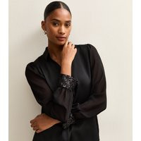 Women's Black Open Neck Sequin Cuff Long Sleeve Satin Shirt New Look | New Look (UK)