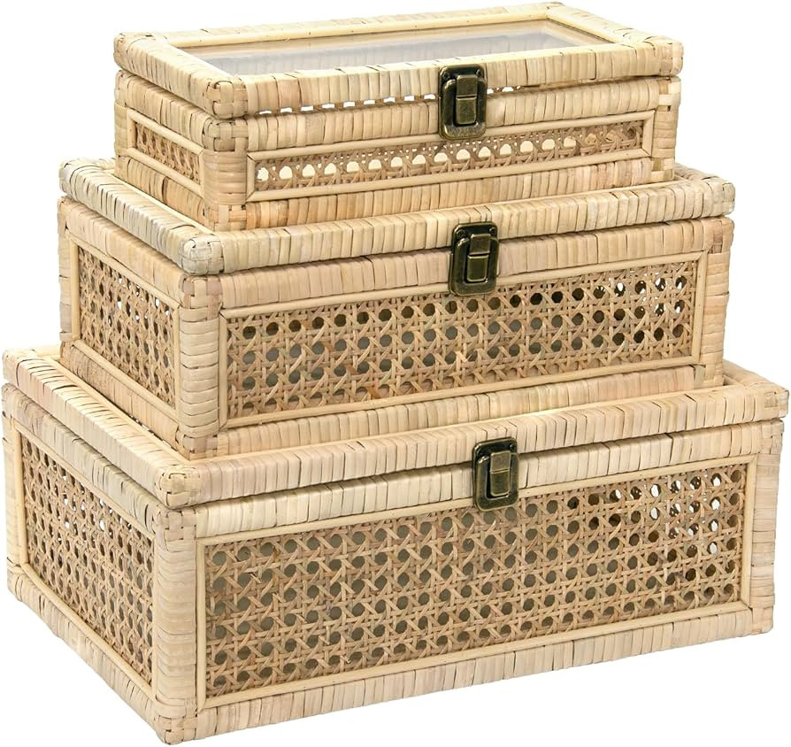 Boho Rattan Display Boxes with Glass Lids, 3 Pcs Large Natural Handwoven Cane Basket, Home Decor ... | Amazon (US)