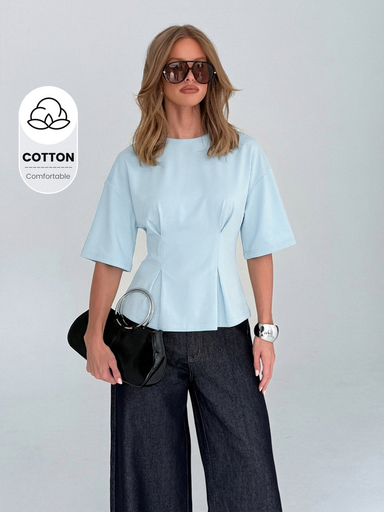 Elegant Peplum T-Shirt With Flattering Waist Silhouette Half Sleeves Crew Neck Cotton Comfort Spr... | SHEIN
