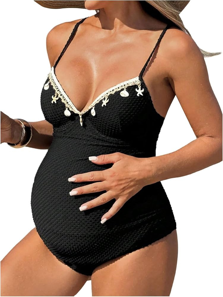 OYOANGLE Women's Maternity One Piece Swimsuits Textured Shell Decor V Neck Pregnancy Bathing Suit | Amazon (US)