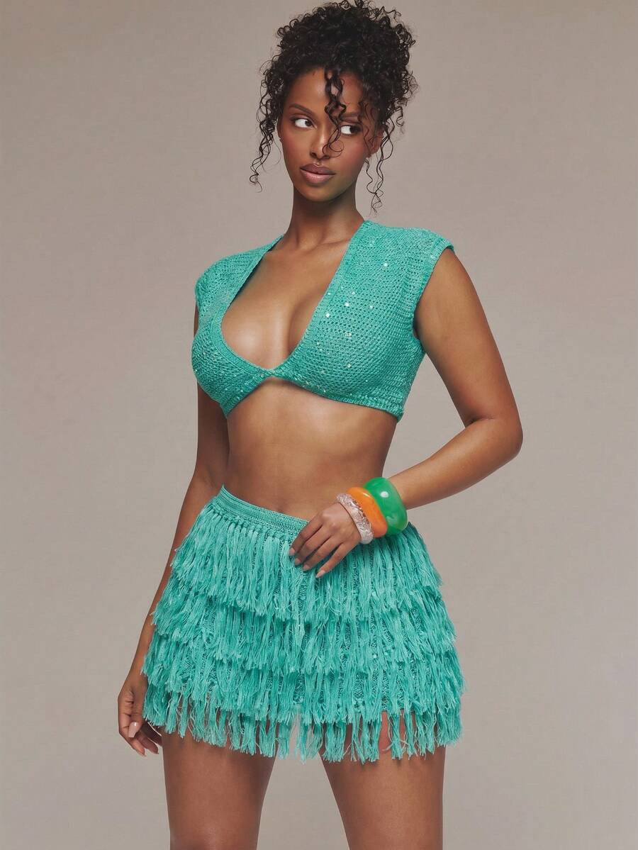 NEWMUSERA Crochet Knit Plunge Front Short Sleeve Crop Top Spring Summer Ibiza Festival Holiday Va... | SHEIN