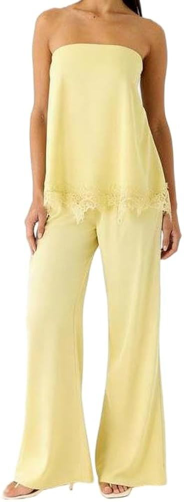 LILTWIST Women 2 Piece Satin Pants Set Halter Asymmetrical Tank Top & Lace Trim Pants Set Silk Go... | Amazon (US)