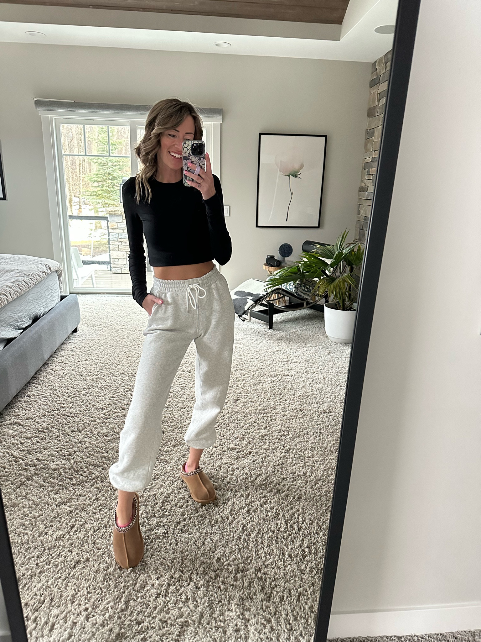 Abercrombie sweatpants and Ugg Tasman slippers casual outfit 