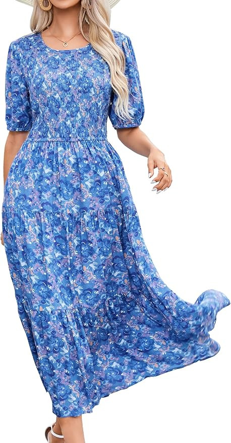 Chic Bohemian Ruffle Midi Women's Dress - Floral Elegance, Puff Sleeves, Summer Perfection | Amazon (US)