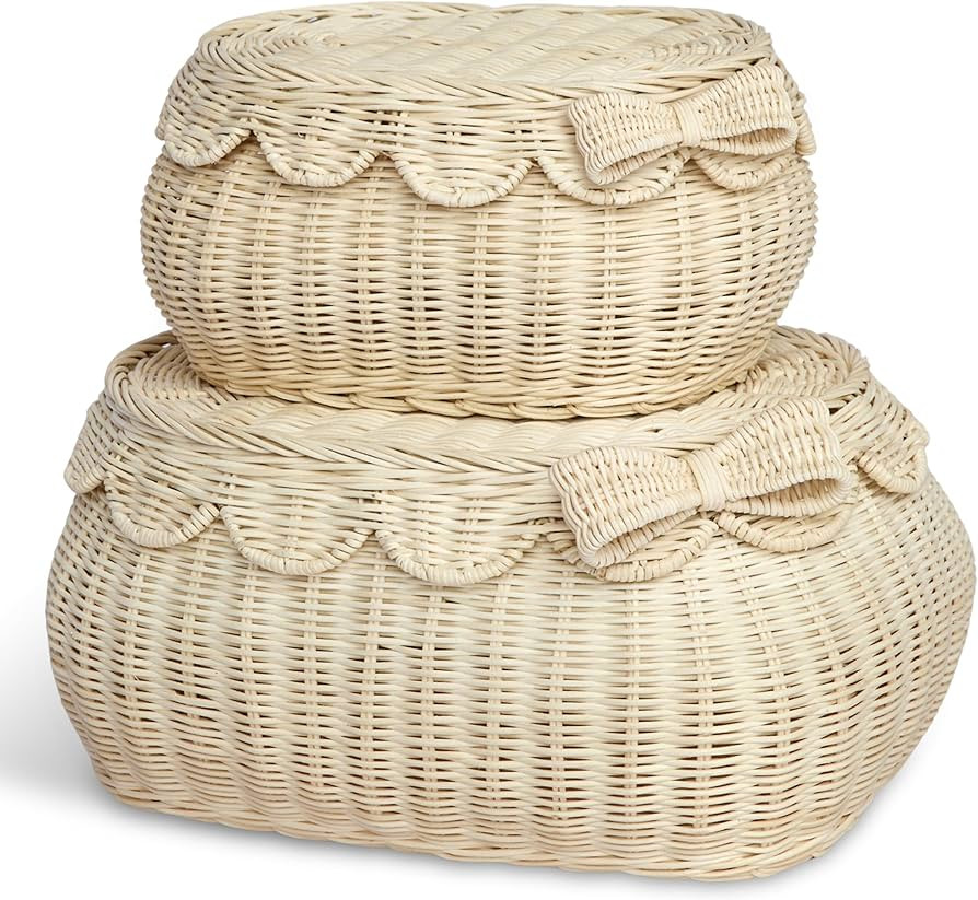 BEBE BASK The Original Scalloped Bow Basket with Lid – Set of 2 (15 x 11 x 6 in) – Handwoven ... | Amazon (US)