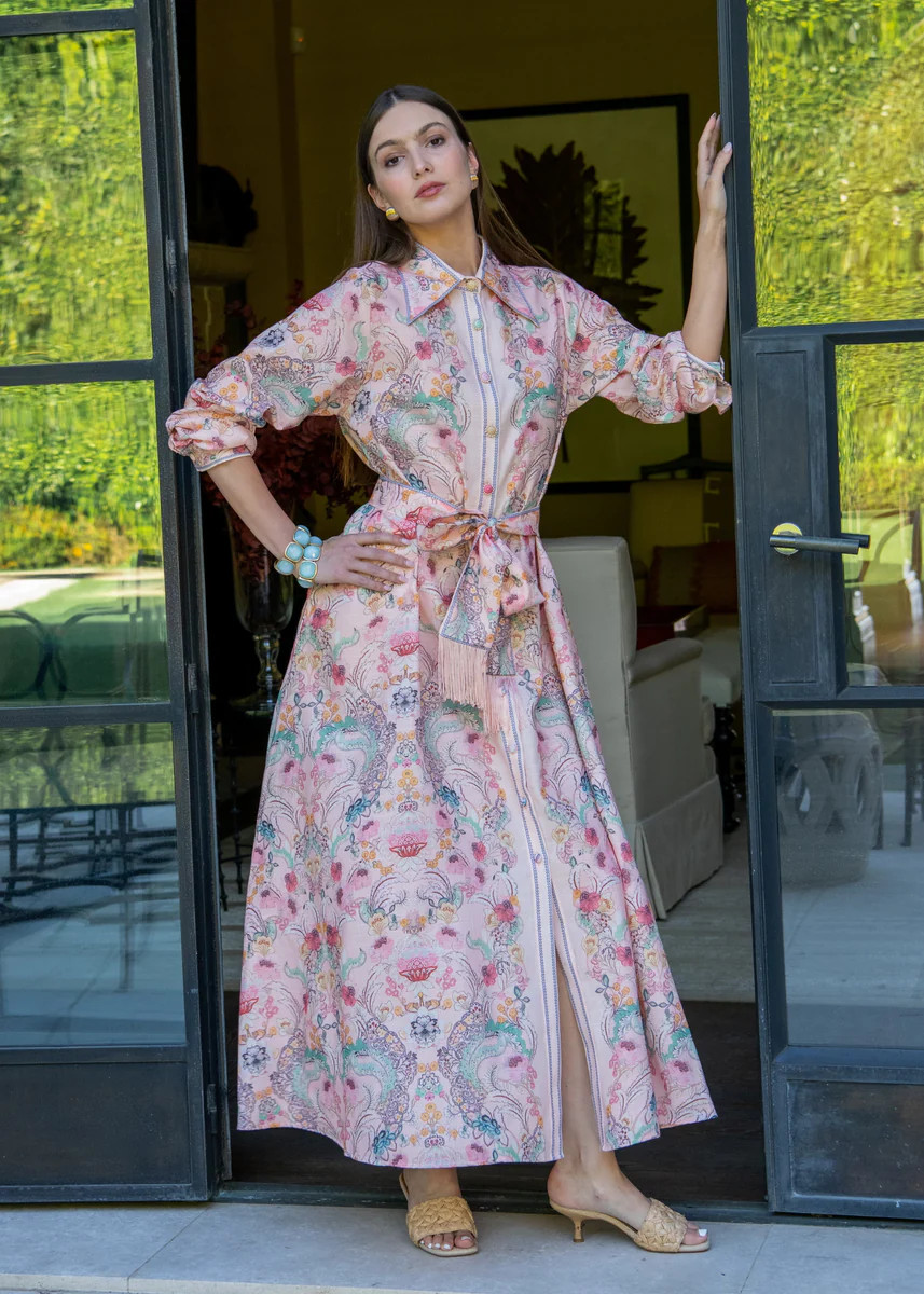 Irina Long Sleeve Floral Maxi Dress with Belted Fringe Waist | Benaar La