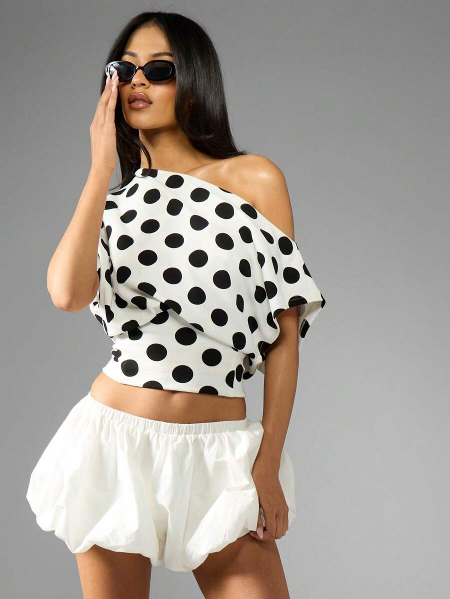 MISSGUIDED Polka Dot Off Shoulder Crop Top Flowy Dolman Sleeve Summer Casual Blouse Resort Wear D... | SHEIN