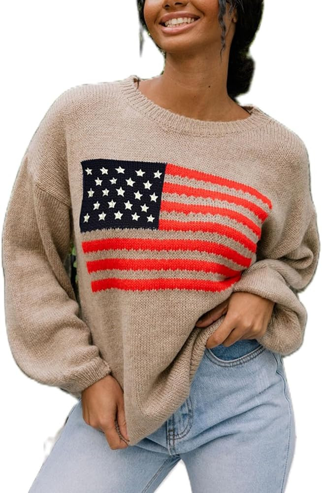 Women American Flag Sweater Long Sleeve Crew Neck Loose Fit Knit Pullover Tops USA Casual Loose P... | Amazon (US)
