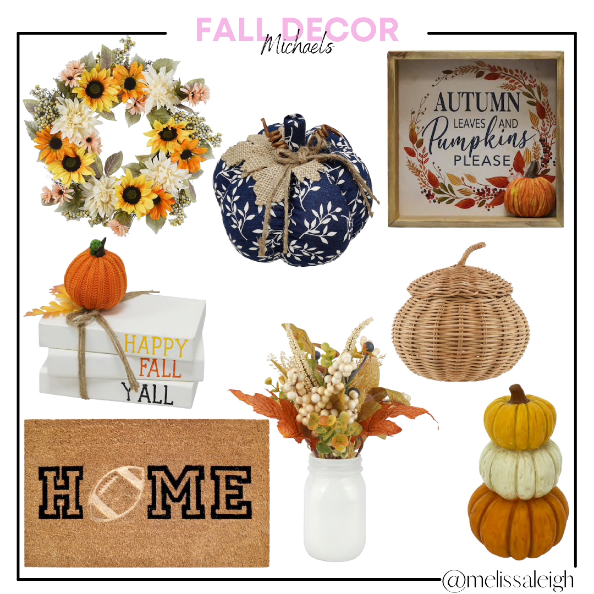 Fall decor - Michael’s home decor - front door floral wreath, blue and white fabric pumpkin, table decor, book stack, rattan pumpkin, football season front door mat, floral arrangements, pumpkin stack 

#LTKhome #LTKSeasonal #LTKunder50