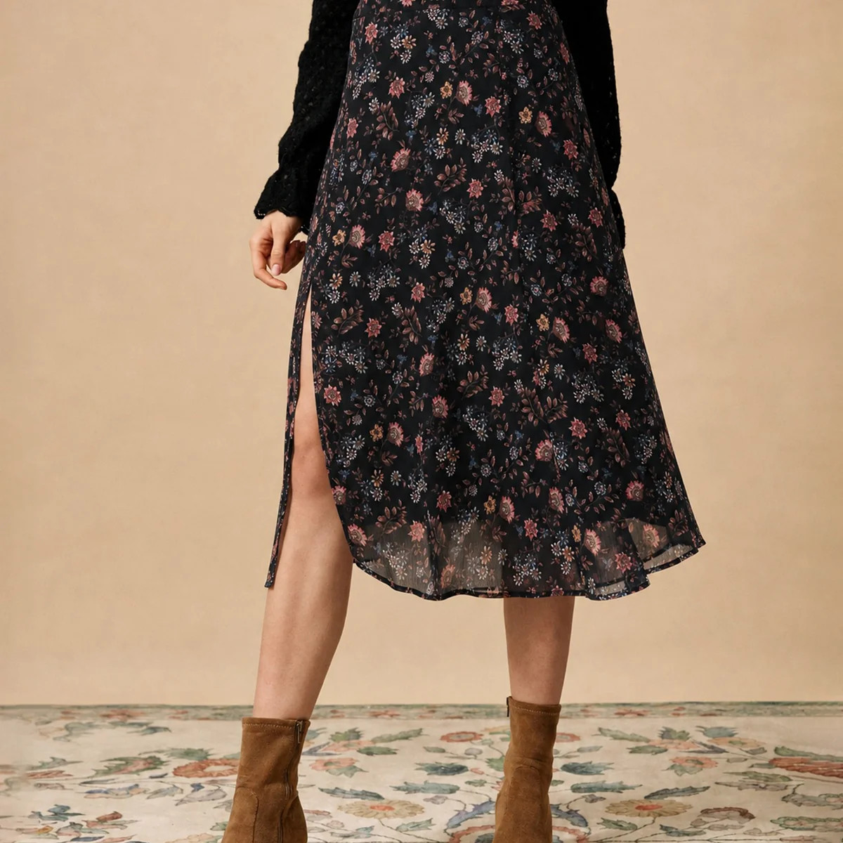 Black Floral Slit Chiffon Midi Skirt & Reviews - Black - Bottoms | RIHOAS | rihoas.com