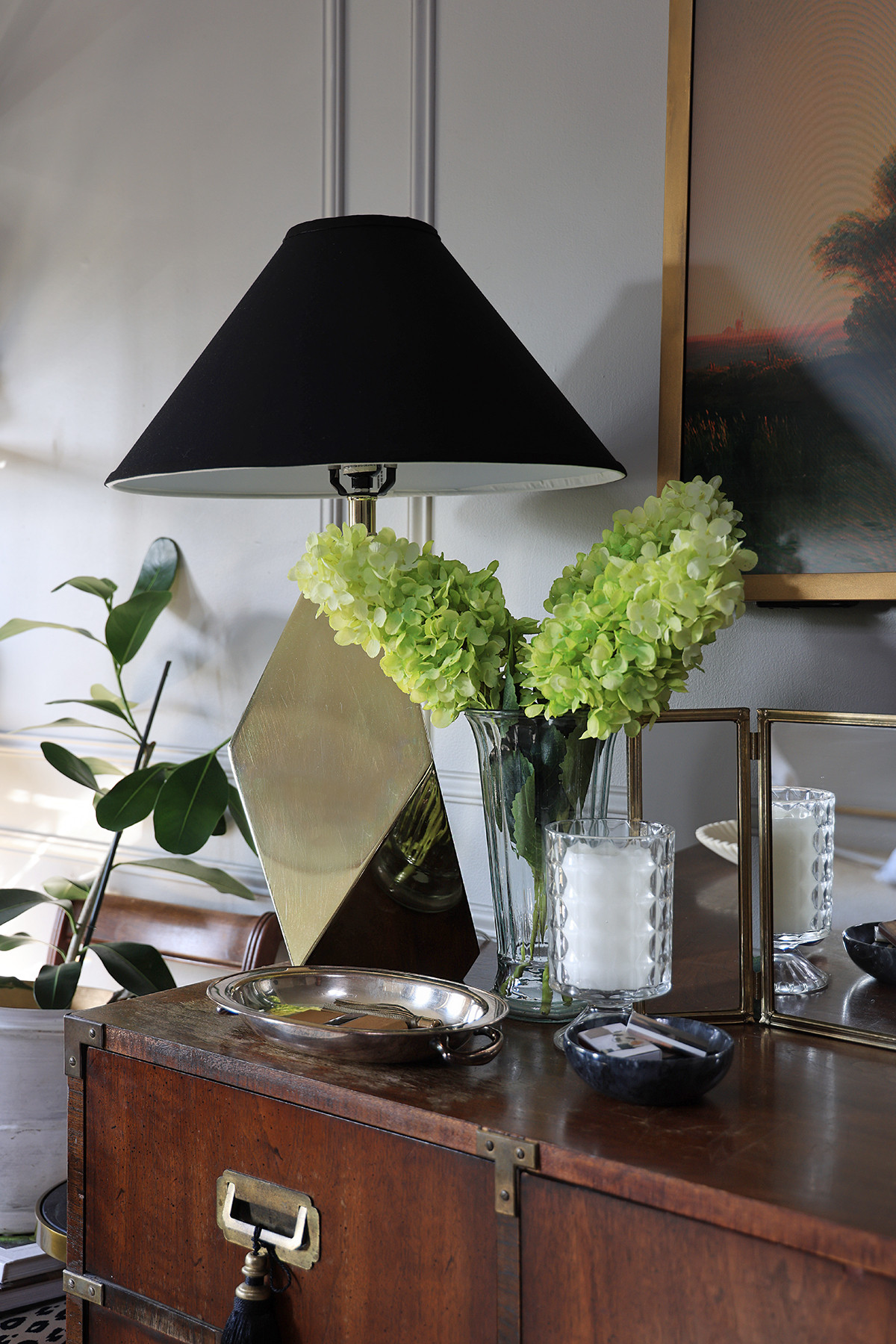 Bedroom dresser vignette | Gold geometric lamp, ribbed trumpet vase, artificial hydrangeas, marble bowl, etc. 

 #LTKHome