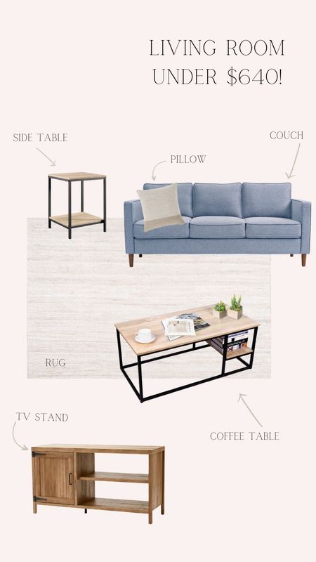 A living room complete with rug, sofa, coffee, table, side, table, and entertainment center all for under $640! I feel like these pieces are so beautiful and it just goes to show you don’t have to spend a lot to have a beautiful home!