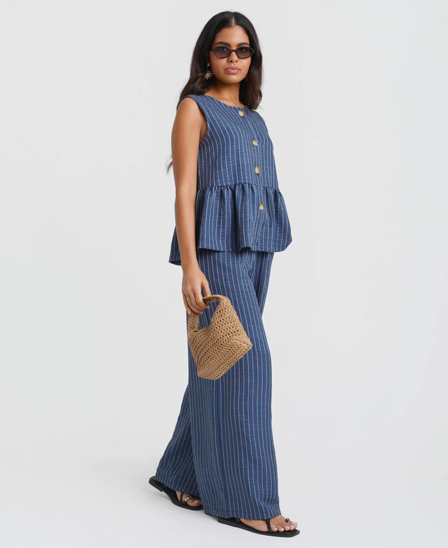Blue Stripe Wide Leg Trousers | Needs No Label