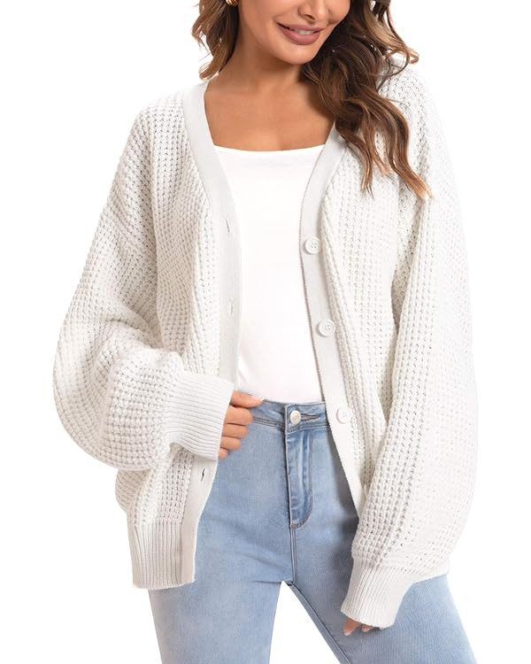 QUALFORT Women's Cardigan Sweater 100% Cotton Button-Down Long Sleeve Oversized Knit Cardigans | Amazon (US)