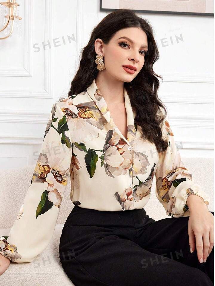 $23.64$33.29-29%SHEIN Modely Women'S Floral Print Kimono Collar Button Front Lantern Sleeve Shirt... | SHEIN