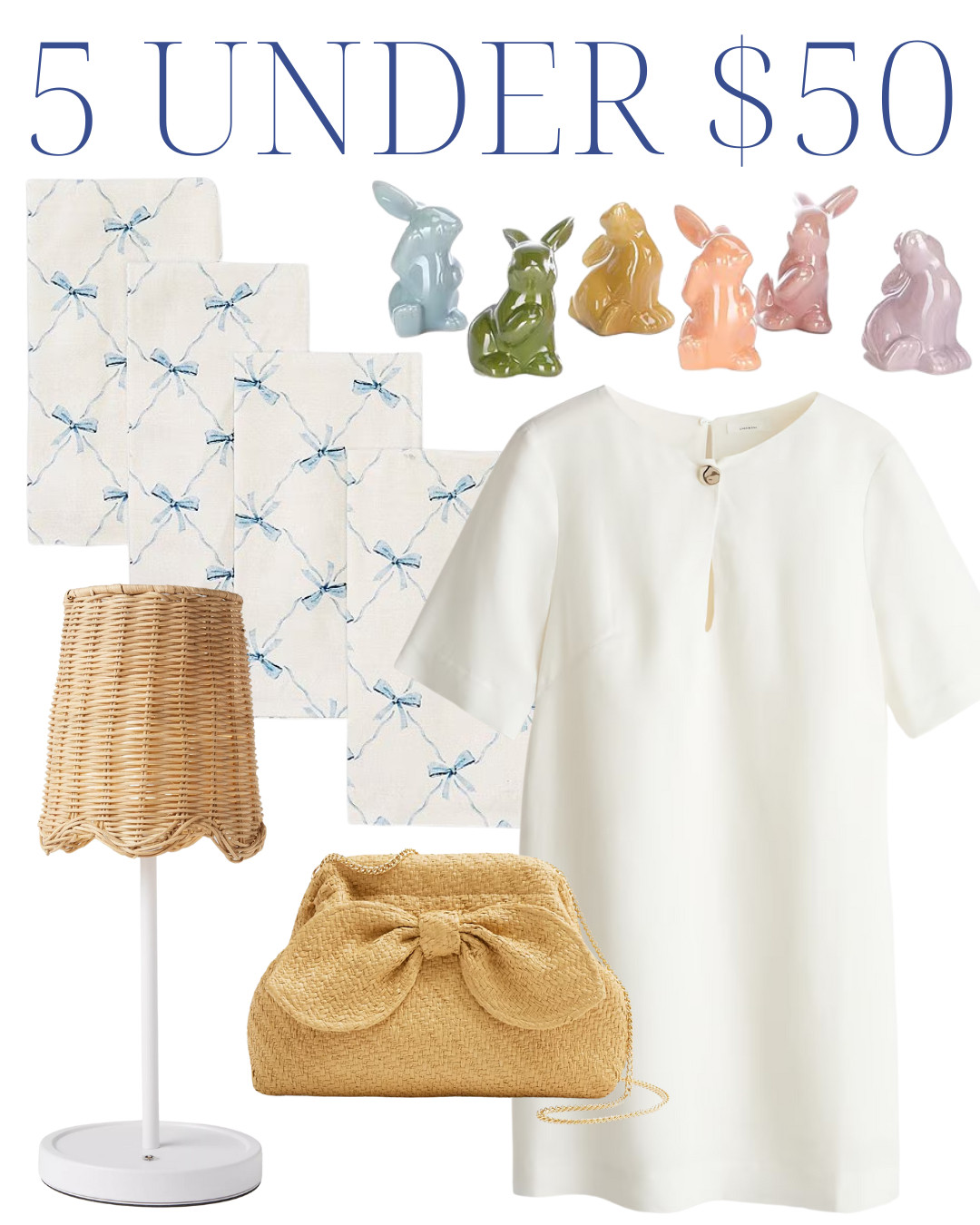 white linen dress, scalloped lamp, bow napkins, bow clutch, woven clutch, ceramic bunnies, spring style, spring decor, Easter decor, Easter decorations 

 #LTKSeasonal #LTKFindsUnder50 #LTKStyleTip