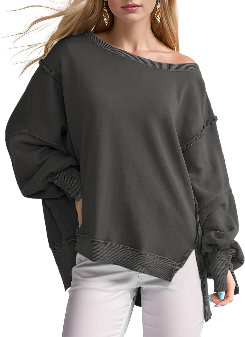 SeeLuNa Womens Oversized Sweatshirt Crew Neck Long Sleeve Side Slit Causal Solid Color Loose Pull... | Amazon (US)