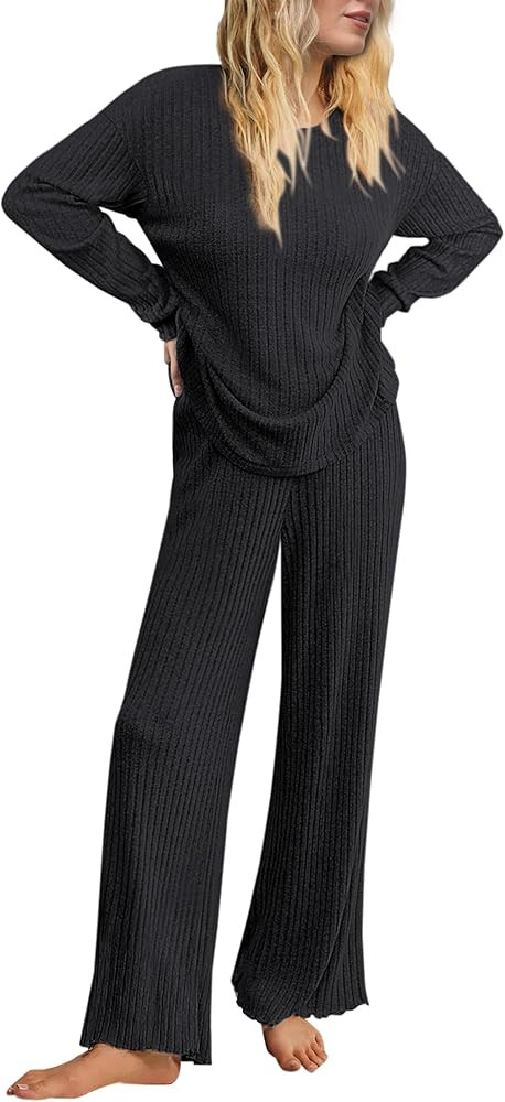 ANRABESS Women 2 Piece Lounge Pajamas Sets Casual Ribbed Knit Long Sleeve Top Pants Matching Set ... | Amazon (US)