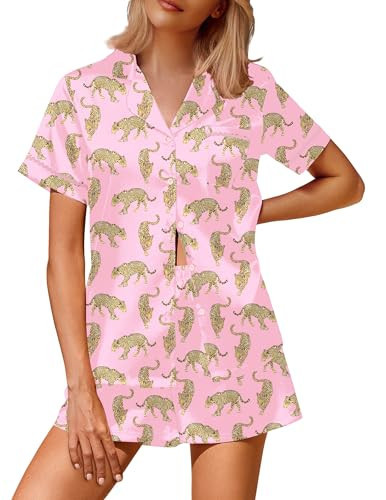 Ekouaer Silk Satin Pajamas 2 Piece Pajamas for Women Set Button Down PJ Short Sleeve and Shorts Pjs Lounge Sets Pink Cheetah S | Amazon (US)