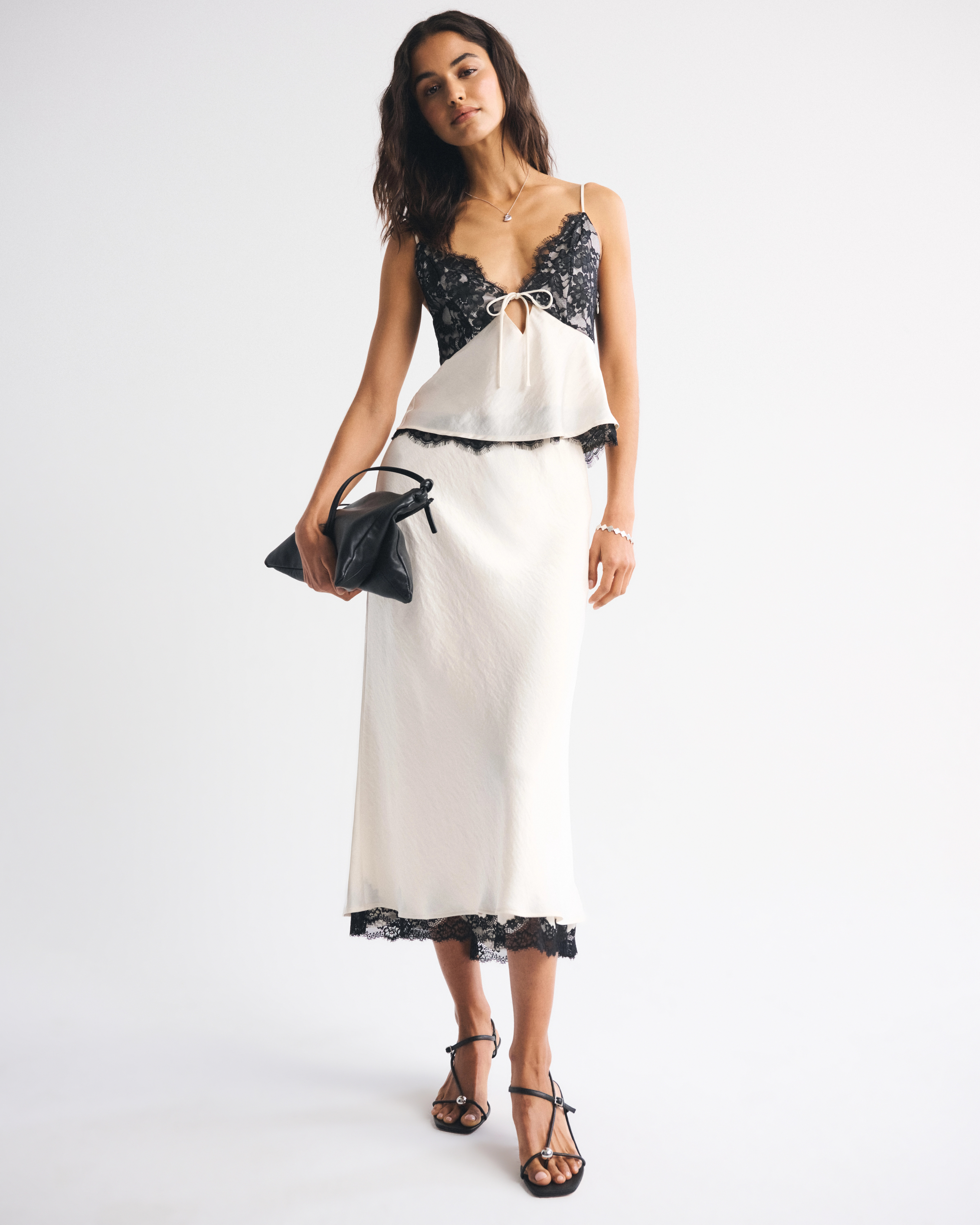 High Rise Satin Lace-Hem Midi Skirt | Abercrombie & Fitch (US)