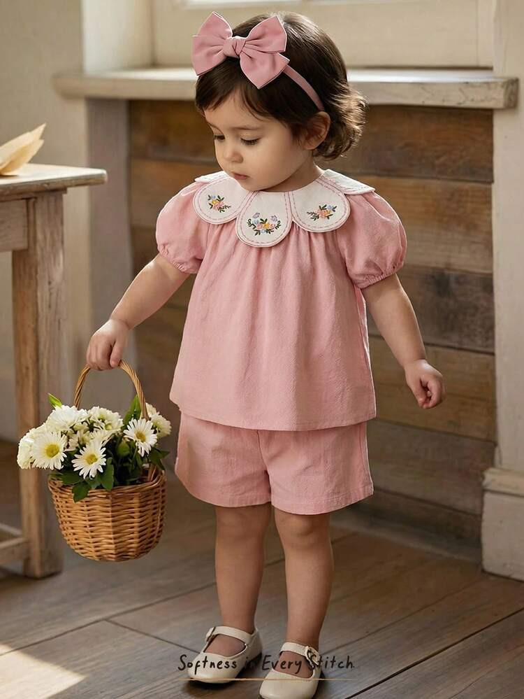 Cozy Pixies Baby Girl Floral Print Ruffle Trim Round Neck Short Sleeve Dress,Spring To Summer 2pcs Set Toddler Girls Puff Sleeve Baby Outfit Pink Splendor Outfit Smocked Ruffle Top Bloomer Toddler Girls Vintage Style Cotton Clothes | SHEIN