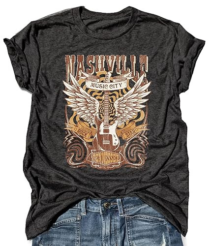 Nashville Graphic Tees for Women Vintage Concert Outfit Summer Retro Rock Band T Shirts Casual Short Sleeve Country Tops (XL, Dark Grey/03) | Amazon (US)