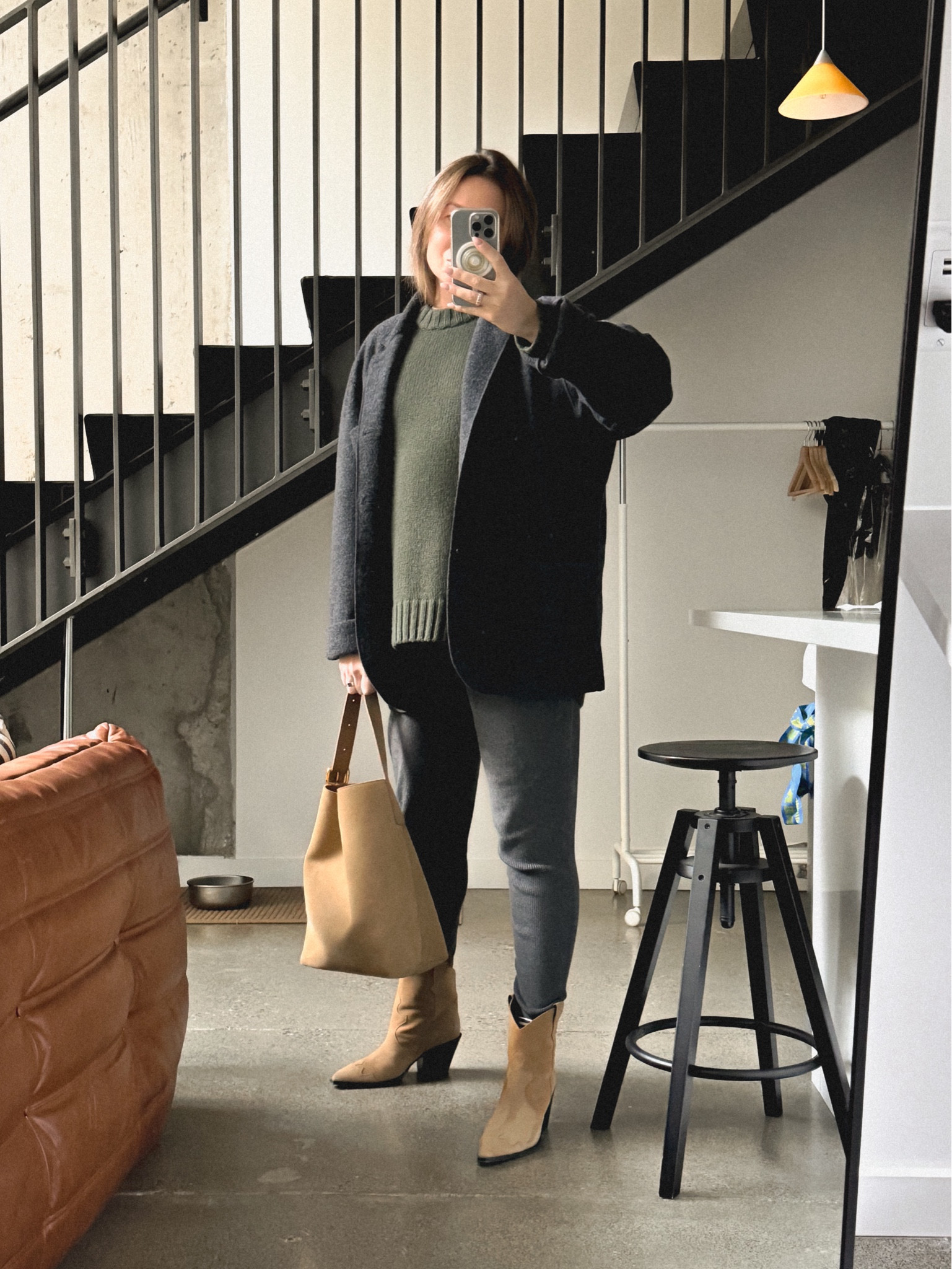 My favorite maternity style hack: chunky knits 🧶 
Wearing Cos chunky pure cashmere crew neck sweater in dark olive green (check out similar style by Everlane- Cocoon crew in alpaca) + Buck Mason felted wool chore jacket (my hubby’s, same style available for women: go with your usual size for a fitted look or size up for layering)+ James Perse French Terry joggers (really good quality sweatpants available at J.Crew & Gap right now) + Aeyde cowboy boots (older style, similar looking model: Steve Madden Suede ankle booties &  Vince Camuto Abel western bootie) + Madewell essential bucket tote in suede. 

#LTKBump #LTKSeasonal #LTKStyleTip