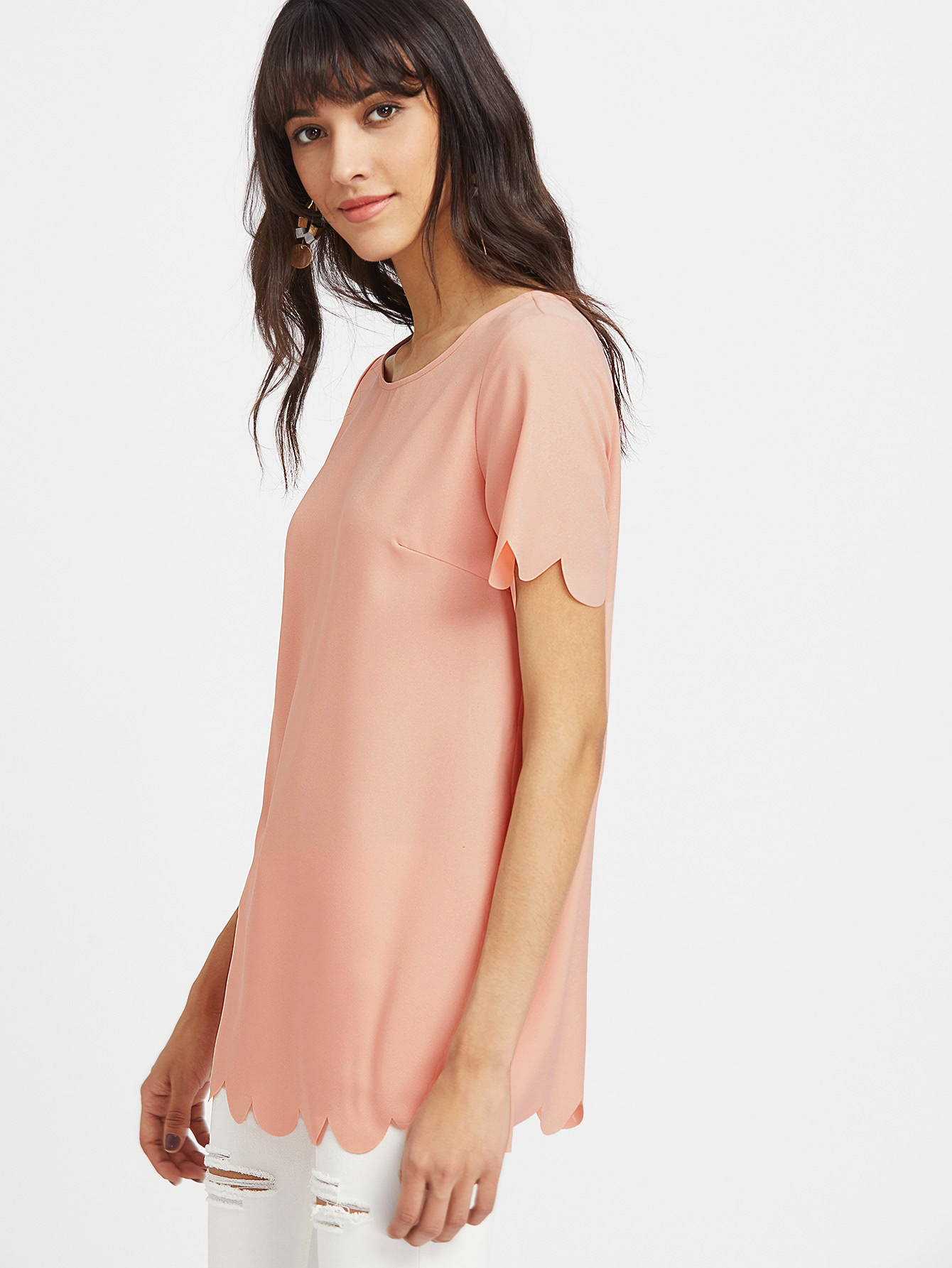 Scallop Trim Longline Tunic Top | SHEIN