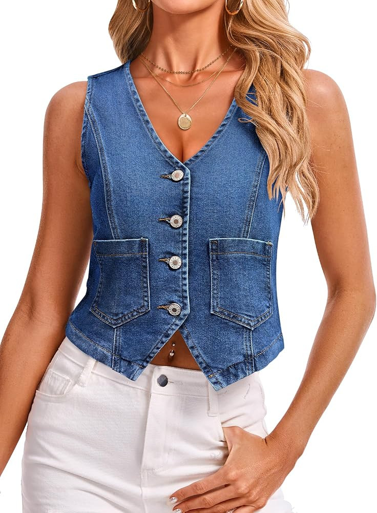 IVIR Denim Vest V Neck Jean Vest Tops for Women Sleeveless Button Down Denim Cropped with Pockets... | Amazon (US)