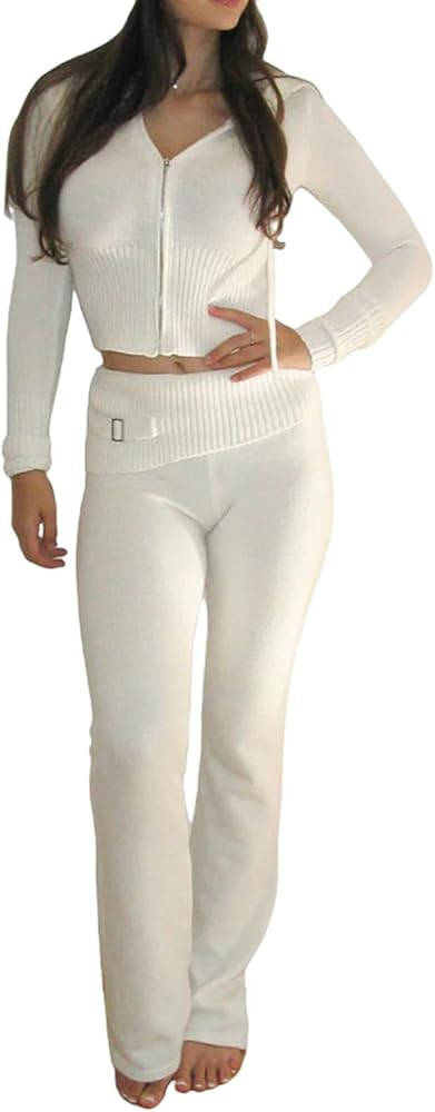 Women Y2k Ribbed Knit 2 Pieces Outfits Long Sleeve Zipper-Up Slim Fit Hooded Crop Tops High Waist... | Amazon (UK)