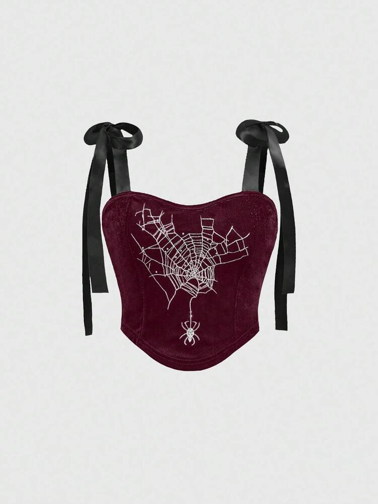 ROMWE Goth Gothic Palace Style Women's Spider Embroidery & Rhinestone Square Neck Lace-Up Camisole Top | SHEIN