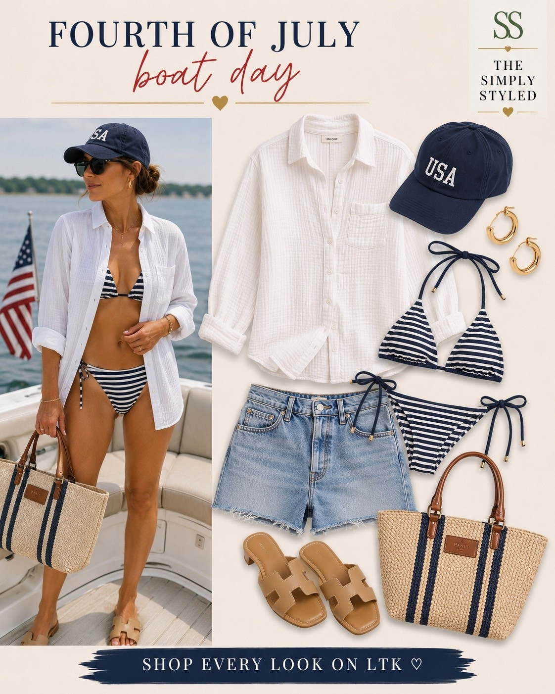 Boat day style, but make it elevated. ⚓️ This Fourth of July look combines a striped bikini, lightweight white button-down, denim shorts, woven tote, comfy slides, and classic gold accessories for an effortless outfit that goes from the dock to lunch without missing a beat.

Keywords: Fourth of July outfit, boat day outfit, lake day style, striped bikini, white button-down shirt, light wash denim shorts, woven straw tote, neutral slide sandals, USA baseball cap, gold hoop earrings, summer vacation outfit, coastal style, resort wear, effortless summer style, classic capsule wardrobe, elevated casual, quiet luxury, women’s summer fashion, LTK, vacation essentials.

#LTKootd